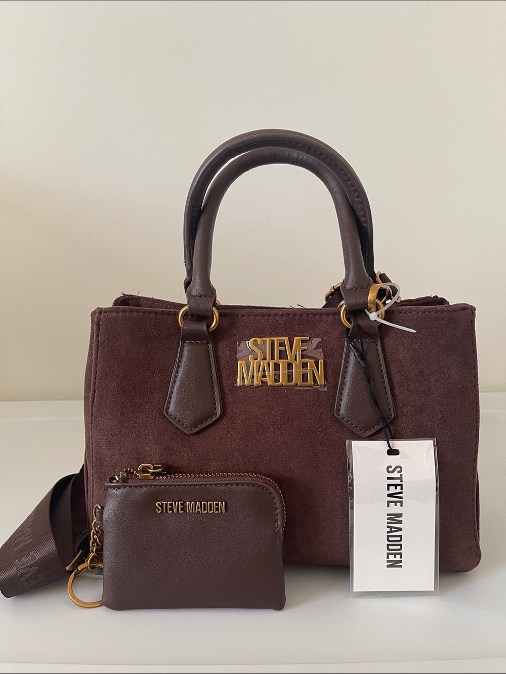Steve Madden Dark Brown Suede Satchel with Removable Pouch